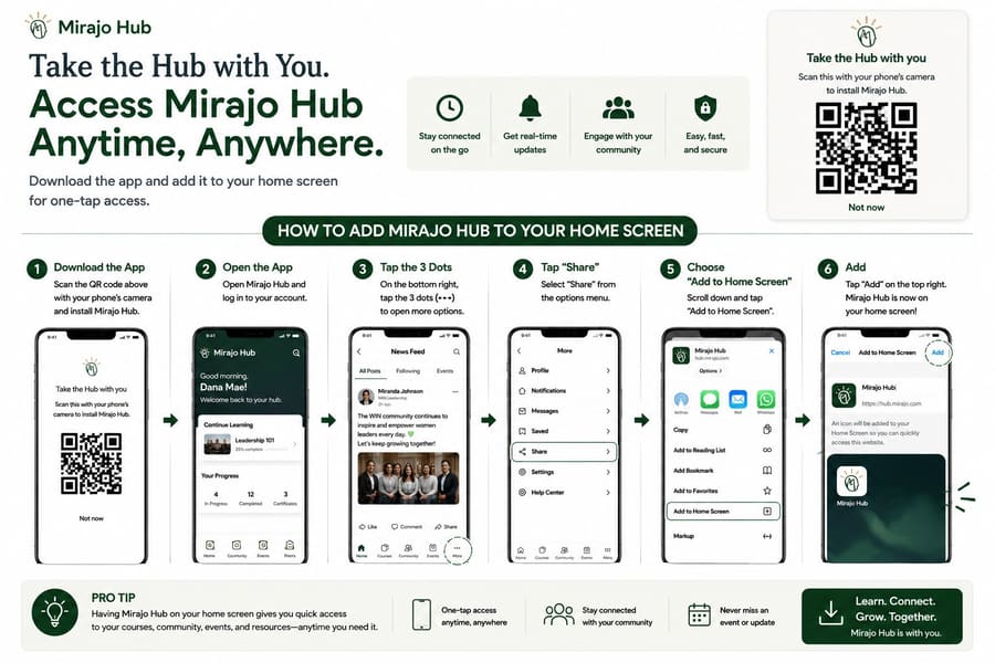 Mobile app install screen for MiRAjO Hub with a QR code and home-screen setup steps